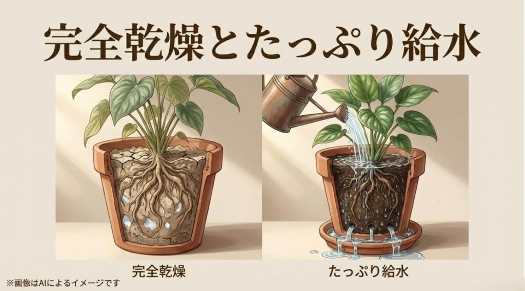 土を中まで乾かすことと、鉢底から出るまでたっぷり水をあげるメリハリ管理を強調した解説スライド