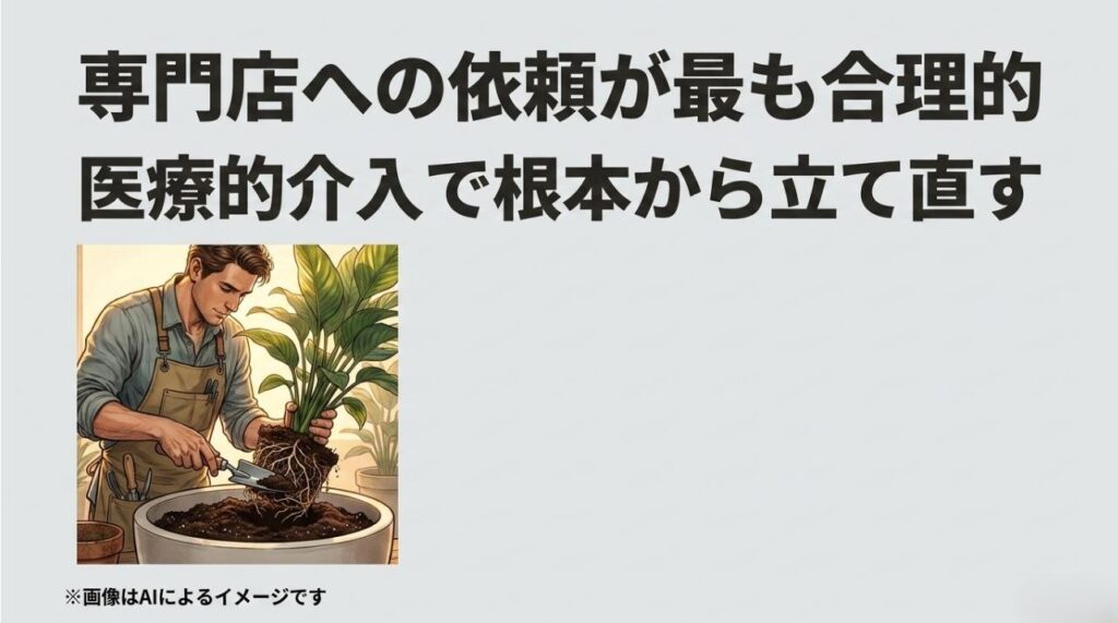 エプロンを着たプロのスタッフが、手際よく植物の根をチェックしながら新しい土へ植え替えている様子
