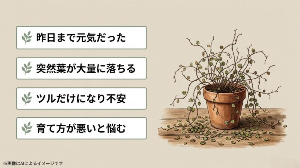 葉がバラバラと落ちてツルだけになり、育て方に悩む飼い主の不安を表現したスライド