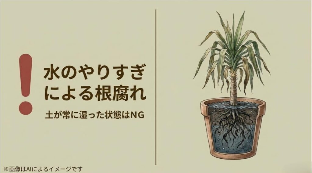 鉢の中で常に土が湿っていることで根が腐り、植物全体が衰弱していく様子を描いた警告スライド