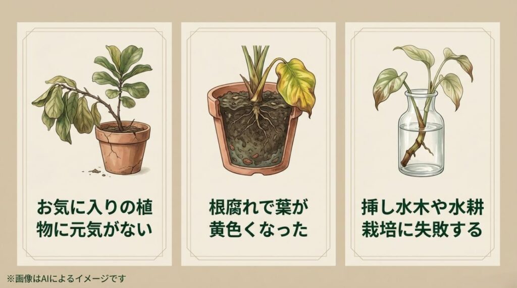 植物がしおれる様子、根腐れで葉が黄色くなる様子、水耕栽培の失敗例をまとめたイラスト
