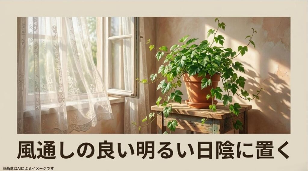 窓辺の柔らかな光が差し込む場所に置かれた、風通しの良さを感じさせるシュガーバインの配置例