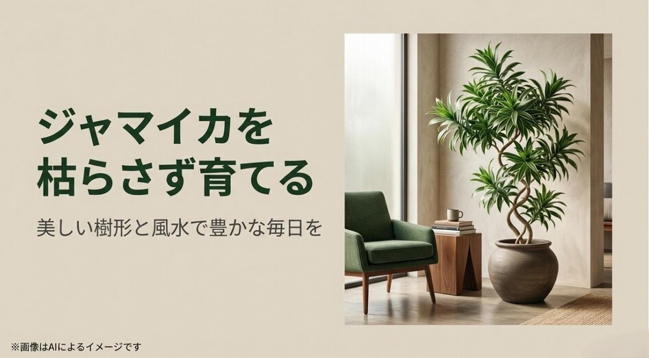 おしゃれなリビングに飾られた美しい樹形のジャマイカと、育て方・風水効果を伝えるタイトルのアイキャッチ画像