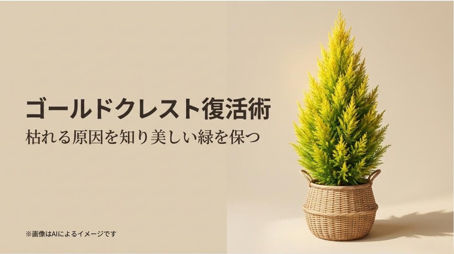 鮮やかな黄緑色のゴールドクレストの鉢植え写真と、枯れる原因を知り緑を保つコツを伝えるタイトルのアイキャッチ画像