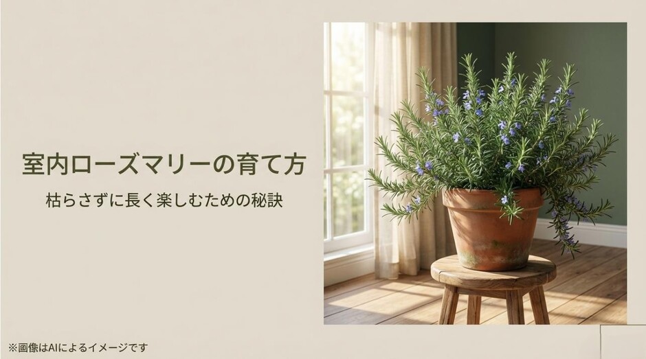 窓辺に置かれた元気なローズマリーの鉢植えと、長く楽しむための秘訣を伝えるタイトルのアイキャッチ画像