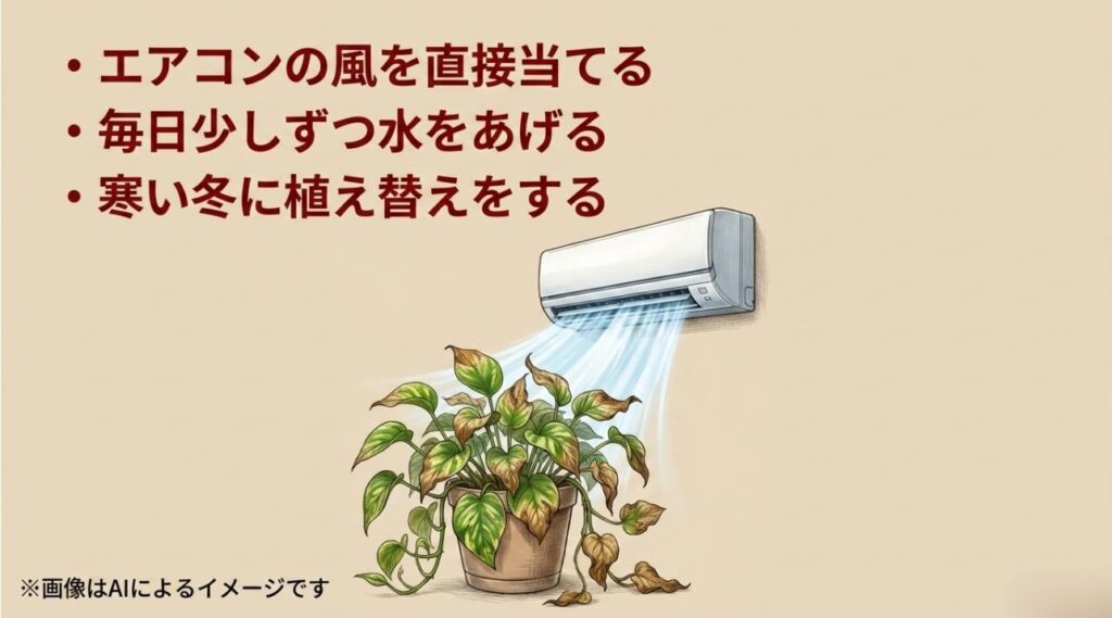 エアコンの風、毎日の少しずつの水やり、冬の植え替えが植物にダメージを与えることを示すイラスト