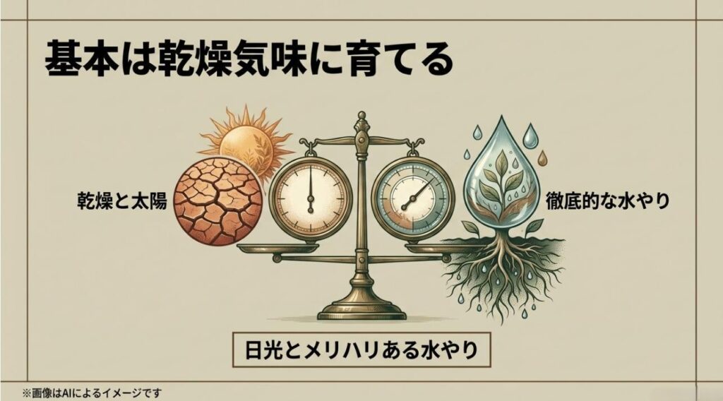 太陽の光を好む性質と、土が乾いてからたっぷり与える「乾湿のメリハリ」を強調した基本ケアのスライド