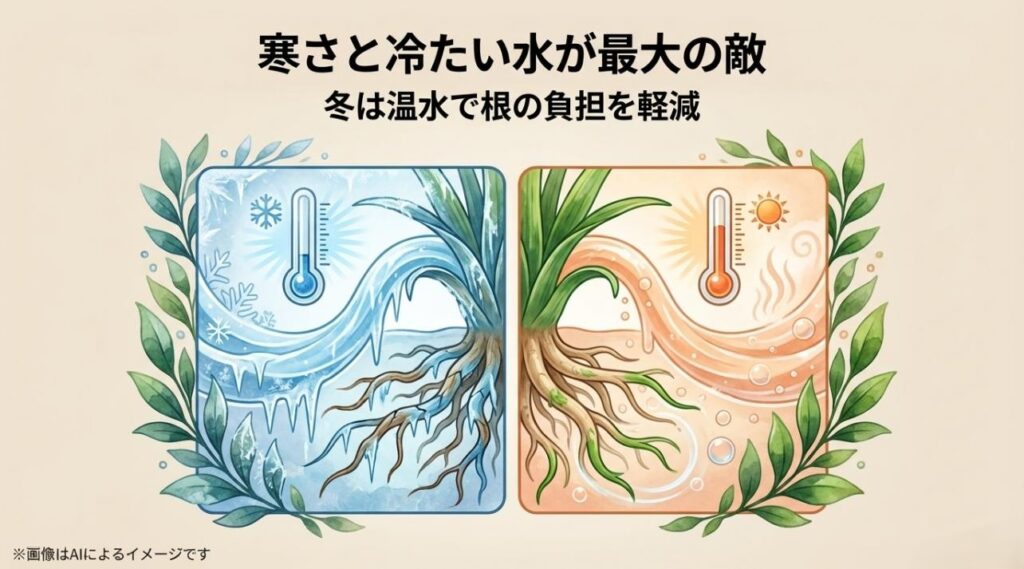 冷たい水と温かい水が根に与える影響の違いを比較し、冬は温水が推奨されることを示す図解