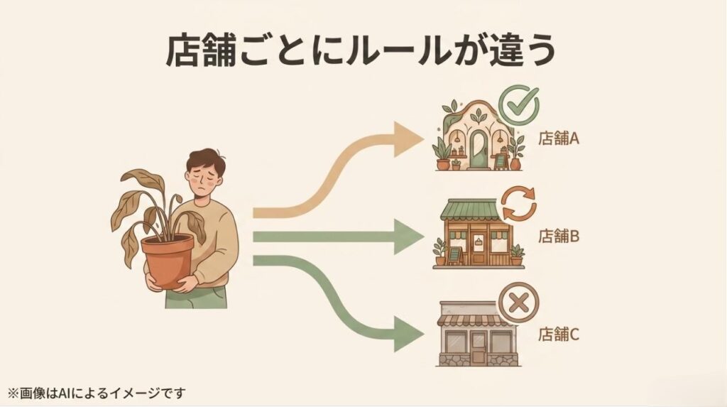 持ち込む店舗（A・B・C）によって、回収可能、条件付き、不可とルールが分かれていることを示すイラスト