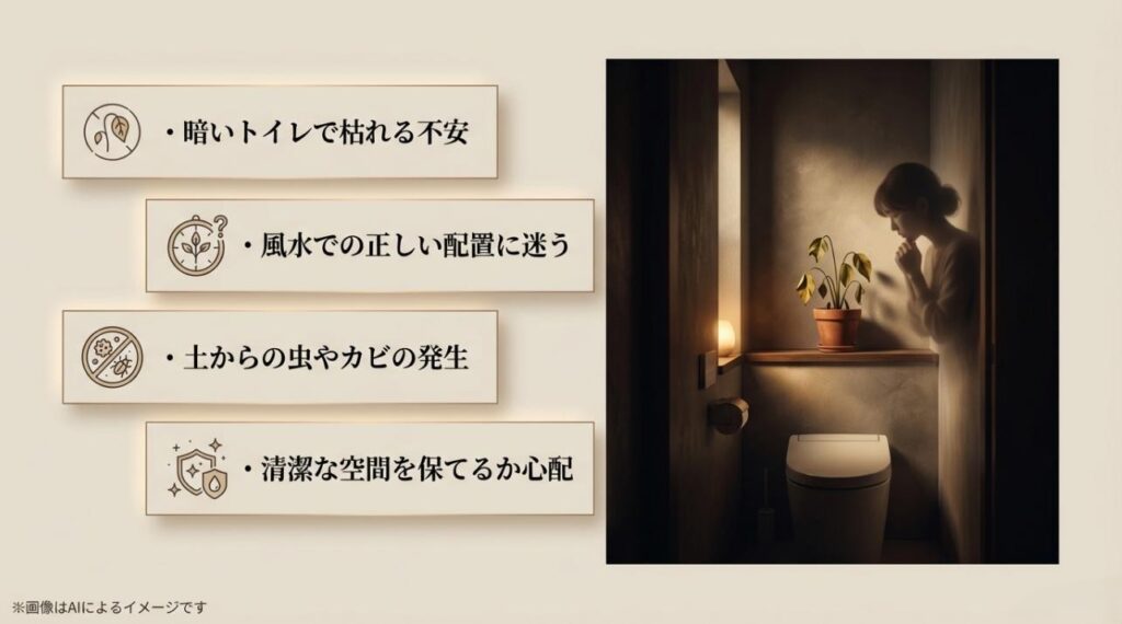 暗い場所での枯れ、配置の迷い、虫やカビの発生など、トイレ栽培の懸念事項をまとめたスライド