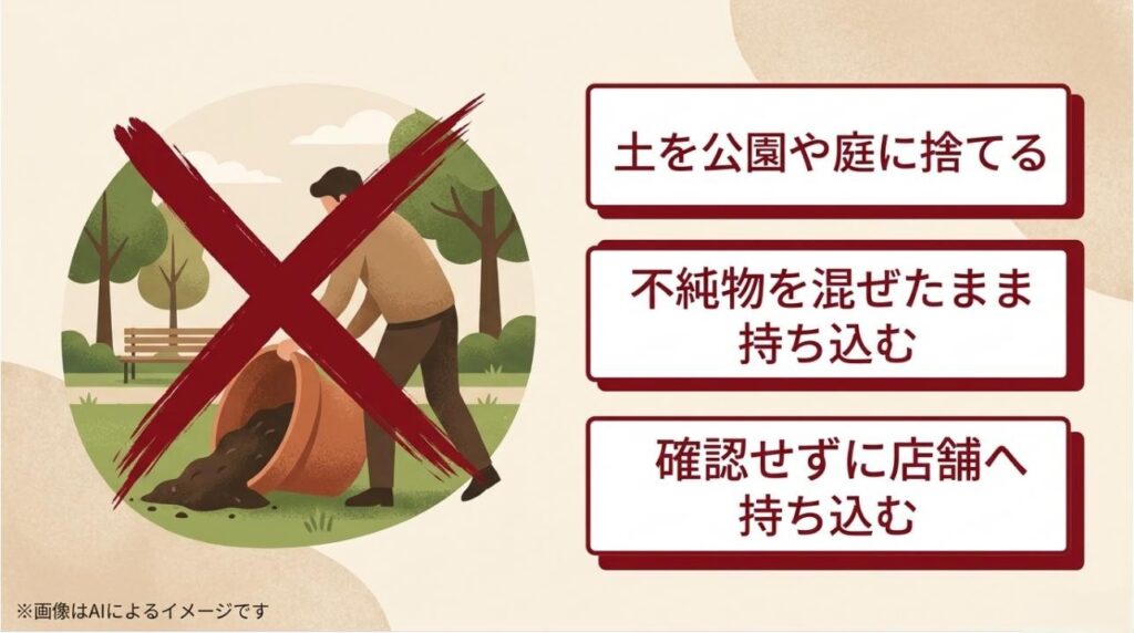 公園への投棄、不純物の混入、無確認での持ち込みに大きな×印がついた、絶対に避けるべき処分方法の警告図