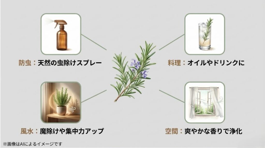 天然の虫除け、料理、風水、香りの浄化など、ローズマリーの多様な活用シーンをまとめたスライド