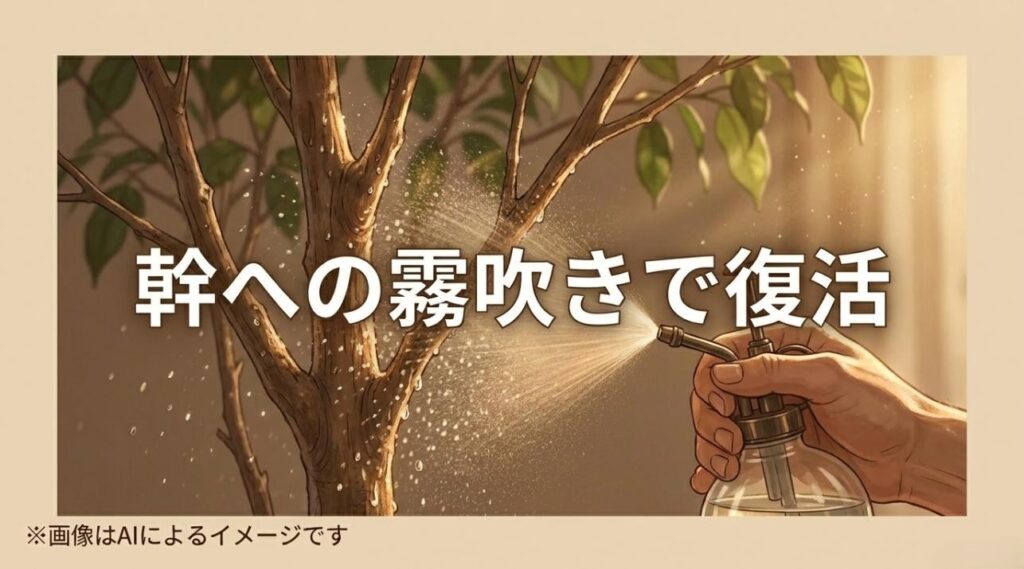 葉が落ちてしまったベンジャミンの幹や枝に直接霧吹きで水分を与えて、復活を促している様子