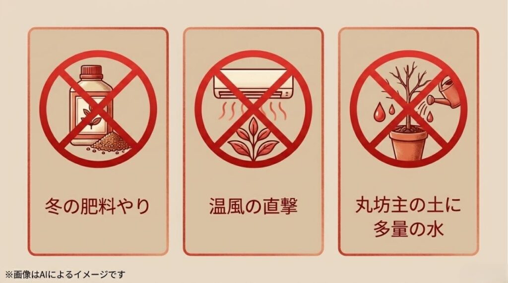 冬の肥料、温風の直撃、丸坊主への多量の水やりという、ベンジャミンにとって危険なお世話の例