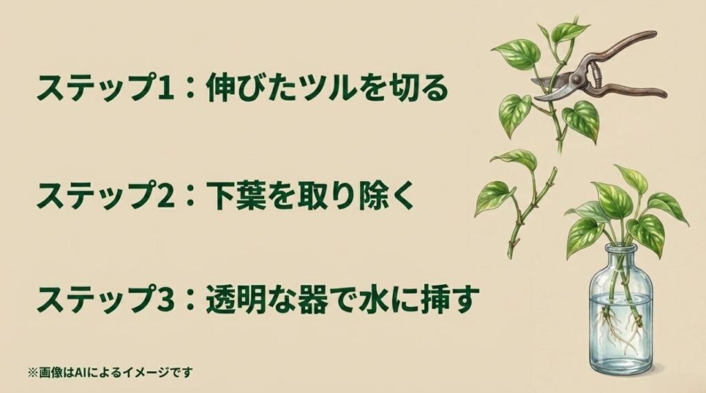 ツルを切り、下の葉を取り除き、透明な瓶に挿して根が出るのを待つ3つのステップ図解