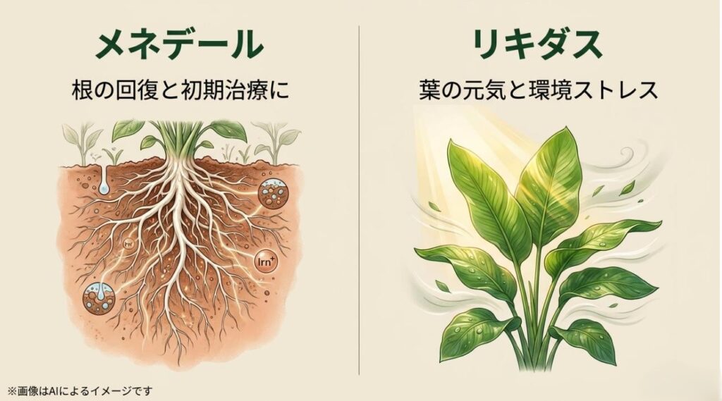 メネデールが根の回復、リキダスが葉の活力と環境ストレス対策に適していることを示す比較図