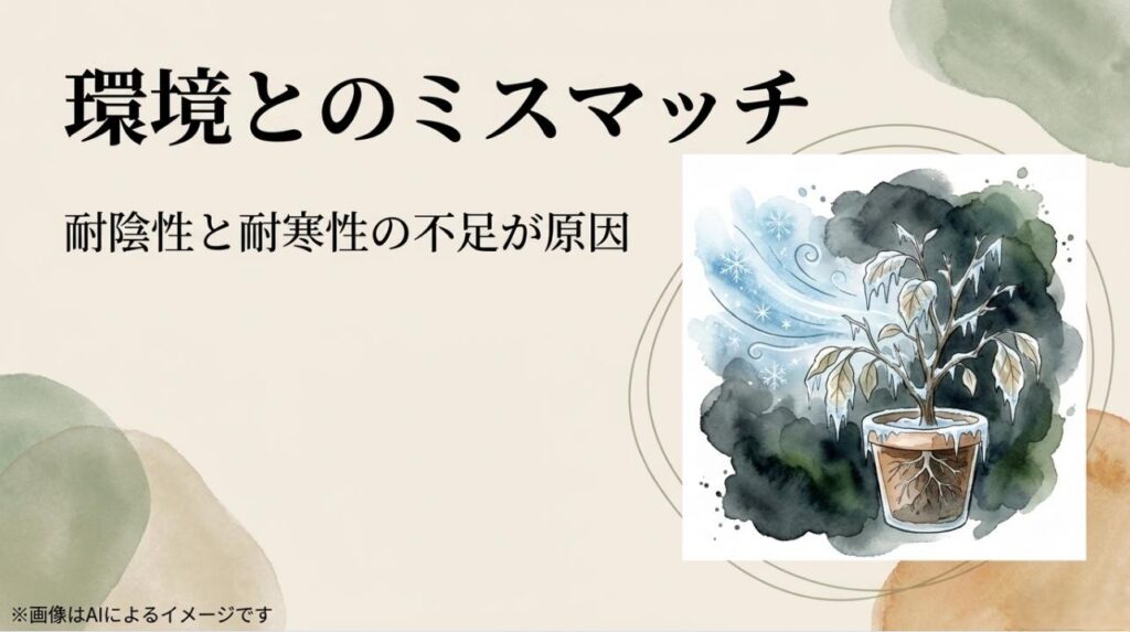 植物が環境に合わないことで寒さに耐えられず枯れてしまう様子を説明した解説スライド