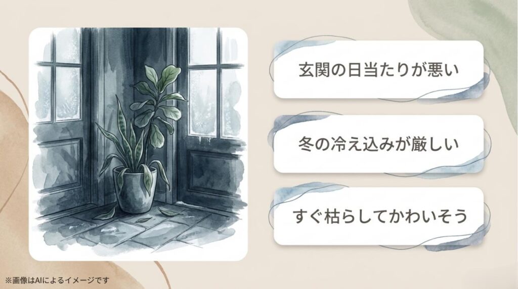 暗い玄関や厳しい寒さで植物を枯らしてしまった経験を描いた、読者の悩みに共感するスライド
