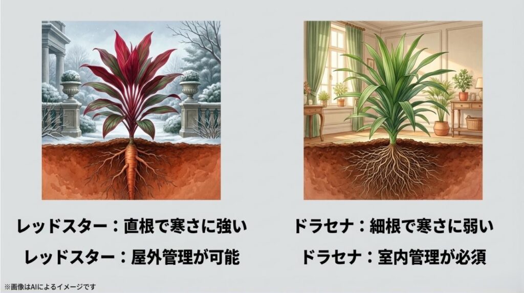 地中の根の様子を比較し、レッドスターの太い直根とドラセナの細かい根、それぞれの管理場所の違いを解説した図解