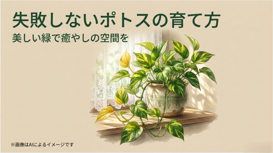 窓辺に置かれた美しい斑入りのポトスと、記事タイトル「失敗しないポトスの育て方」が書かれたアイキャッチ画像