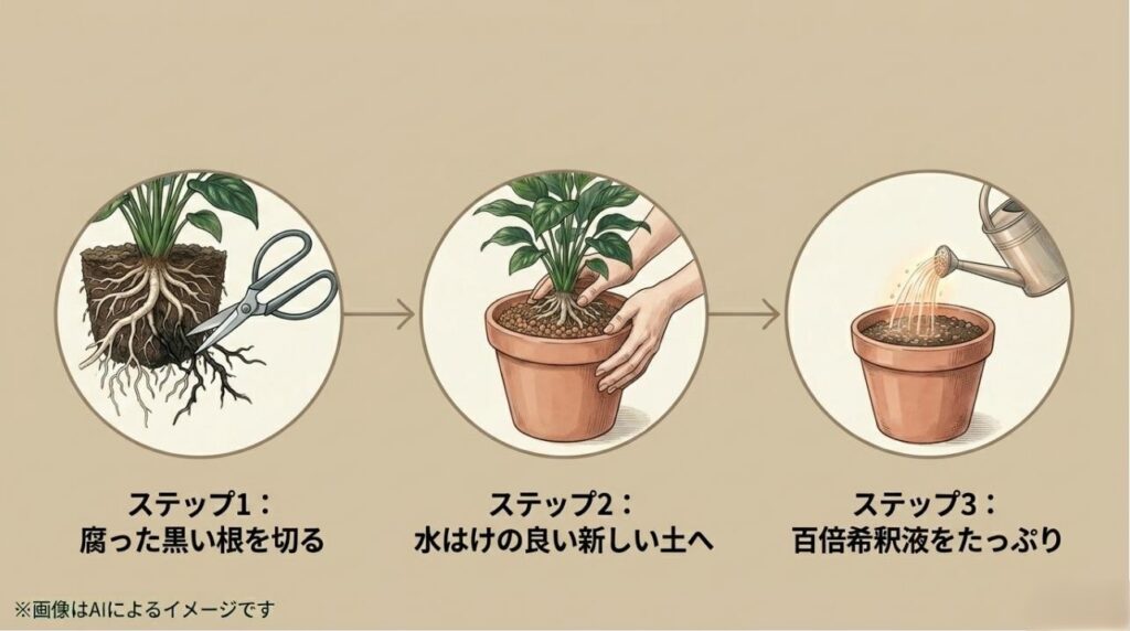 腐った根を切り、新しい土へ植え替え、メネデール希釈液を与える手順のイラスト