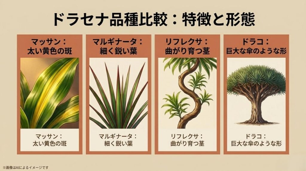 葉の形や成長の仕方が異なる4種類のドラセナ（マッサン、マルギナータ、リフレクサ、ドラコ）の特徴を比較した図解スライド