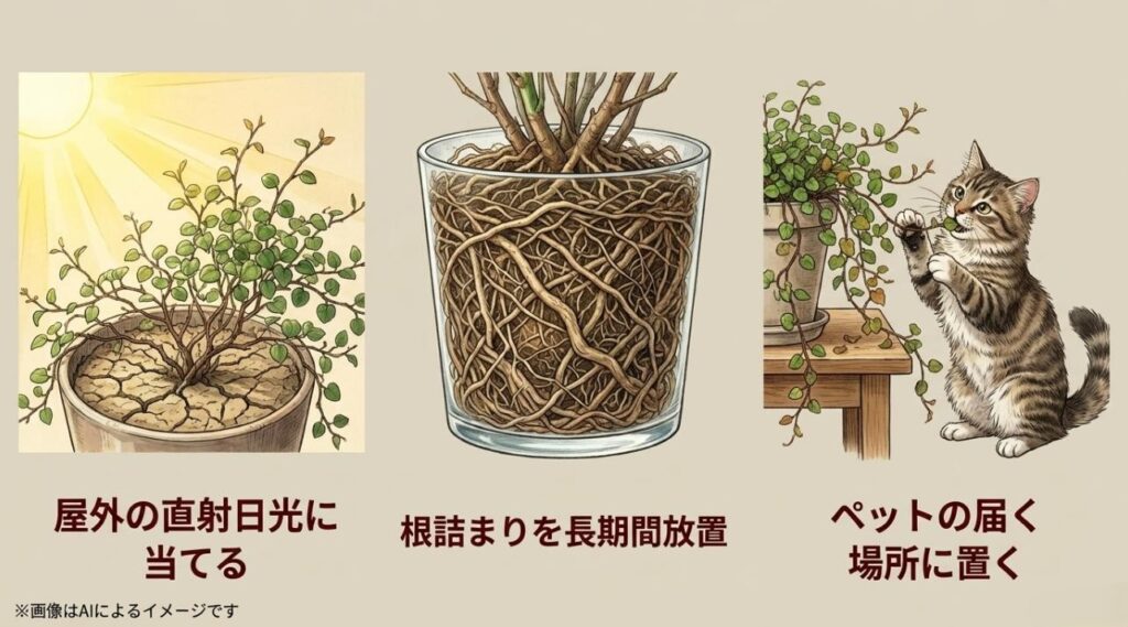 屋外の直射日光、根詰まりの放置、ペットの誤食リスクを警告する3枚構成のイラスト