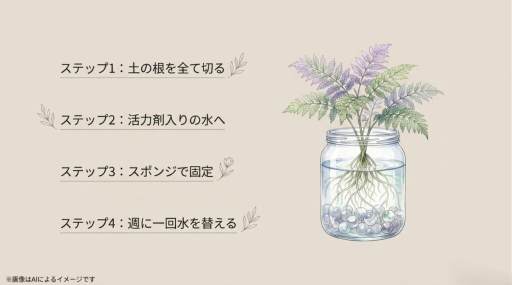 土の根を切り落とし、水根を発生させて水耕栽培（ハイドロカルチャー）を成功させるための4つのステップ