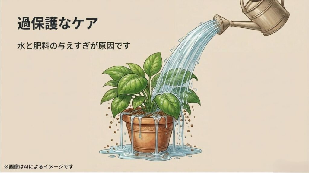 水やりや肥料を過剰に与えてしまい、葉ばかりが茂る「栄養成長」の状態を解説する図解スライド