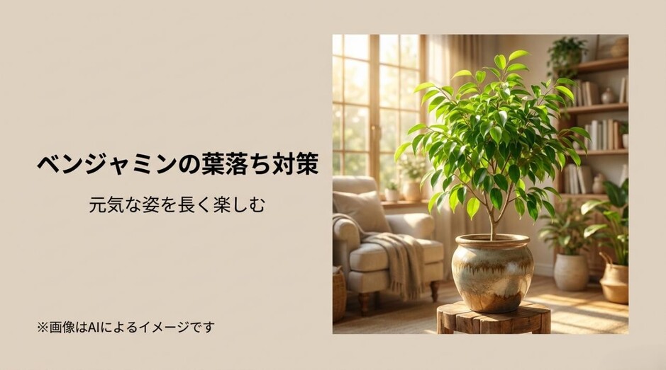健康で青々と茂ったベンジャミンの鉢植えの写真と、葉落ち対策を伝えるタイトルのアイキャッチ画像