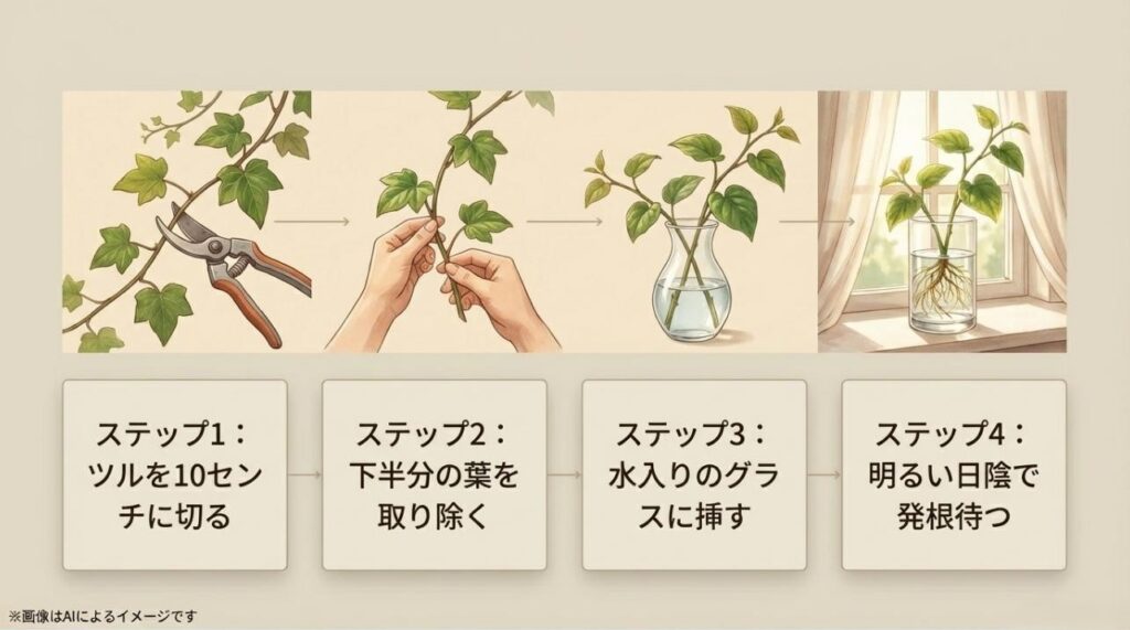 ツルを10センチに切り、下の葉を取り除いて水に挿し、発根を待つ工程を順に説明したイラスト