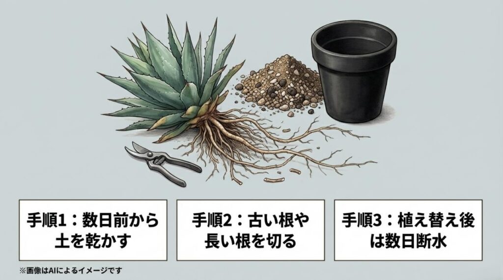 アガベを鉢から抜き、古い根をカットして乾燥させる手順を説明したイラスト