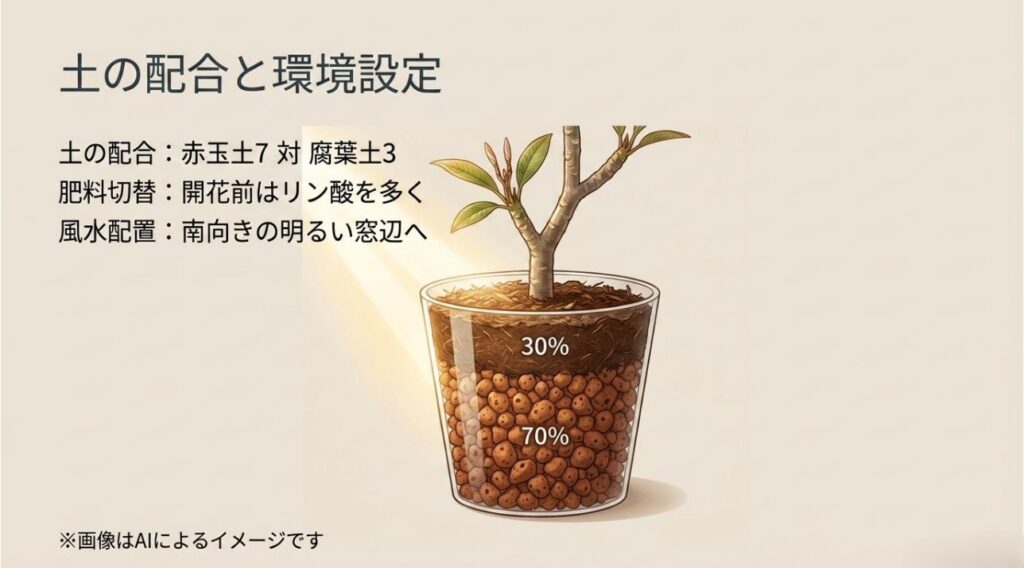 赤玉土70%と腐葉土30%の層を可視化した鉢植えの断面図と、風水・肥料のポイントをまとめたスライド