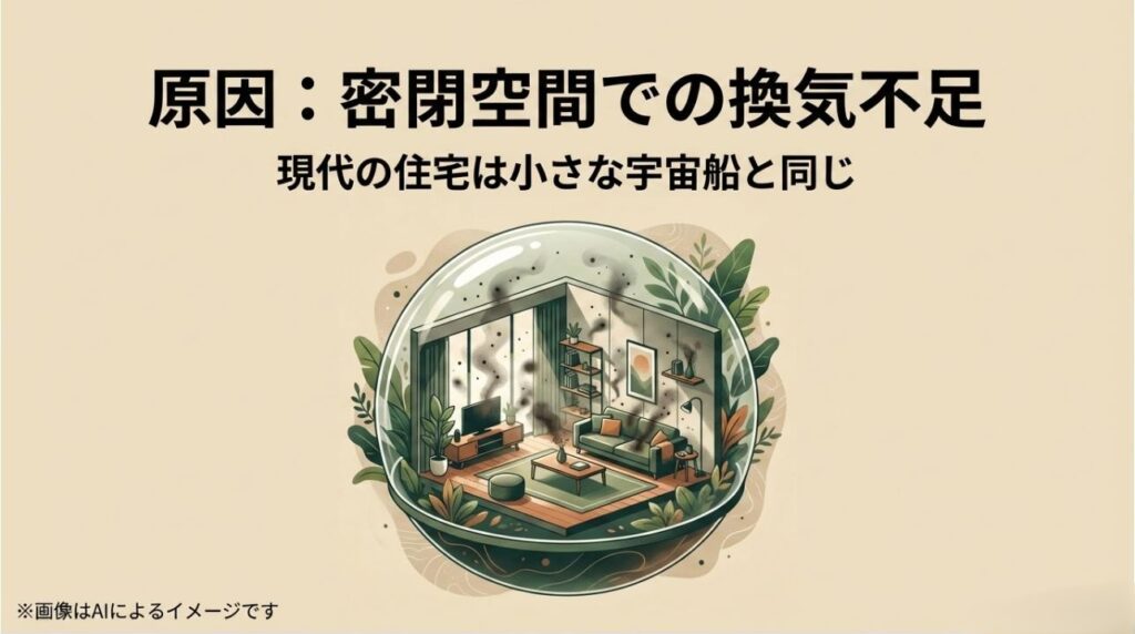 ガラスドームに閉じ込められたリビングに煙が充満し、換気不足の密閉空間を宇宙船に例えたイラスト