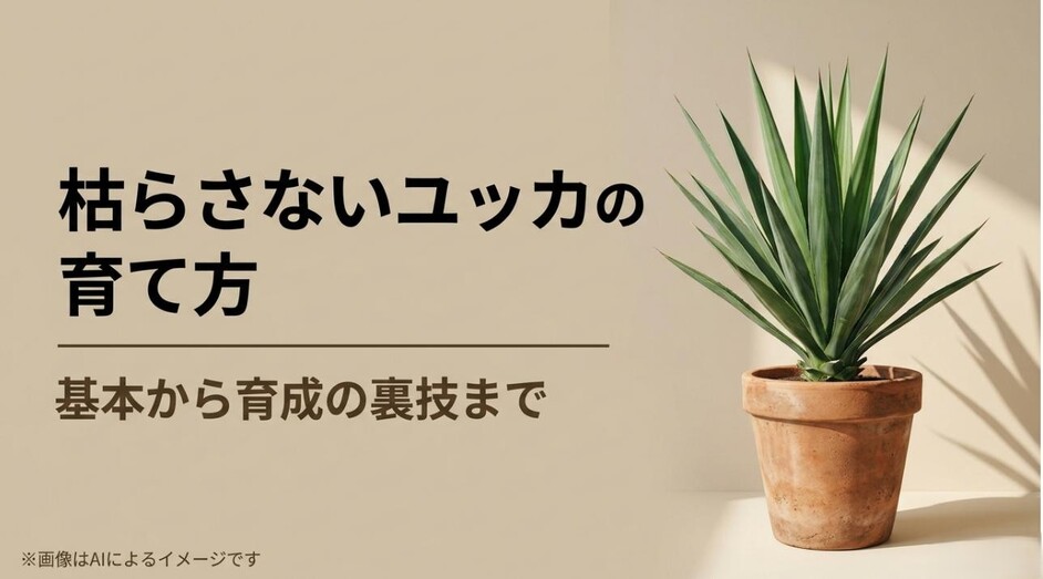 鉢植えの元気なユッカの写真とともに、基本から応用までを網羅した育て方解説記事のアイキャッチ画像