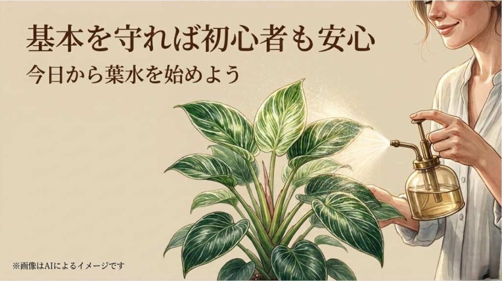 健康なバーキンと、霧吹きによる葉水で生き生きとした植物を楽しむイメージ