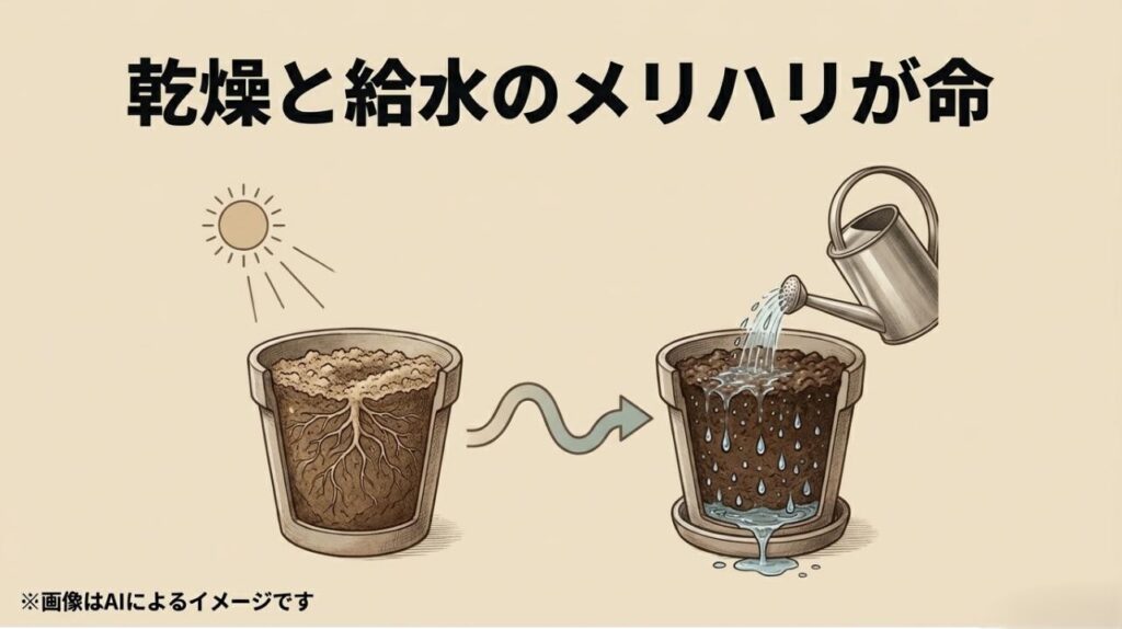 鉢の土が乾いた状態から、鉢底から水が出るまでたっぷりと与える一連の流れを表現した水やりの図解