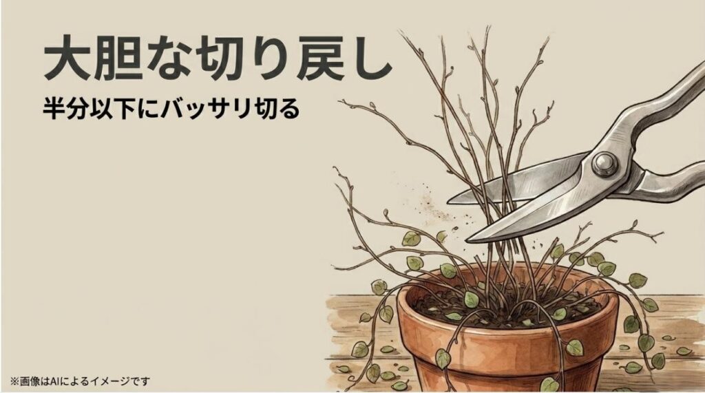 ツルを半分以下の長さにまでバッサリと切り戻すことを推奨するイメージ画像