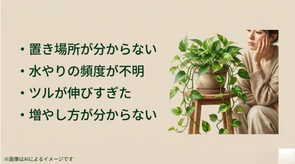 置き場所、水やり、ツルの伸びすぎ、増やし方に悩む女性とポトスのイラスト