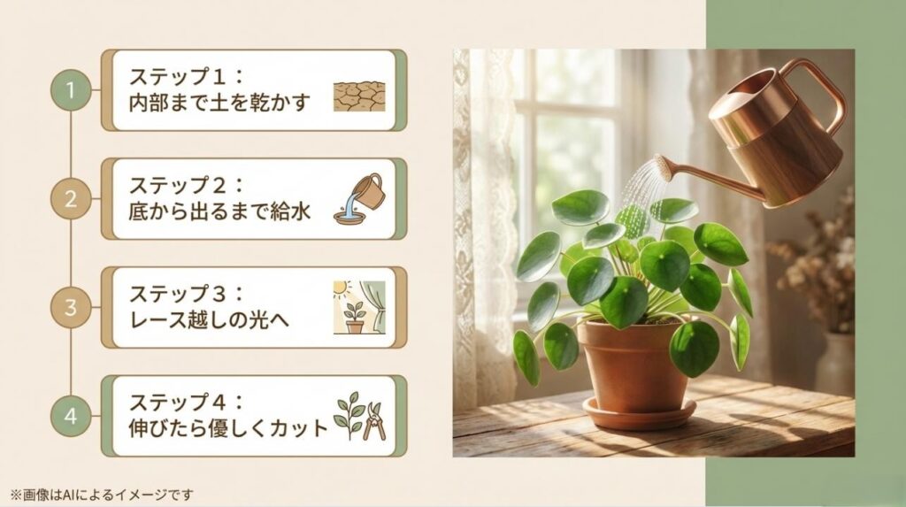 土の乾燥確認、たっぷり給水、レース越しの光、適切な剪定という4つの重要ステップをまとめた管理マニュアル