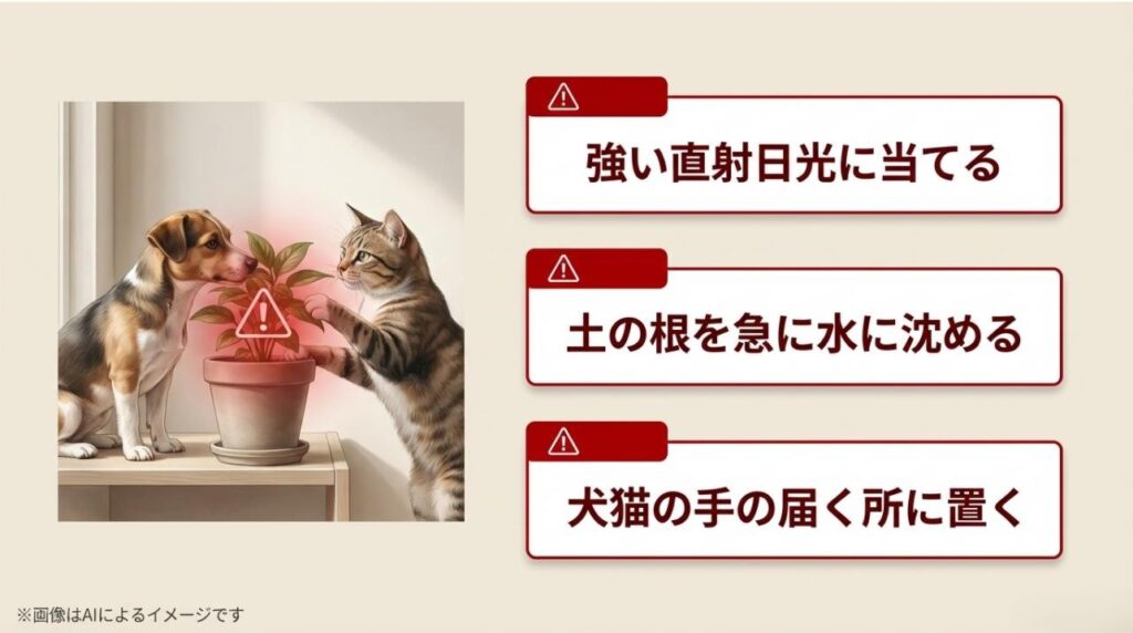 犬や猫が植物に近づく様子と、直射日光や配置場所に関する注意マークを配した警告スライド