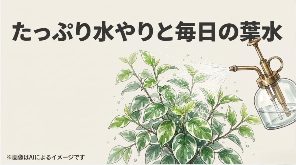 霧吹きを使用してプミラの葉全体に細かな水滴を与えているイメージ