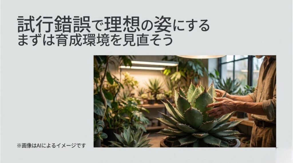 LEDライトや棚が整った室内で、大切に育てられた見事なアガベを観察する育成者のイメージ画像