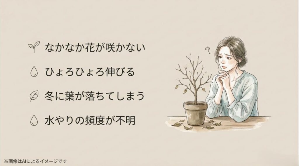 花が咲かない、落葉、水やり頻度が不明といったジャカランダ初心者が抱える悩みをまとめた図解