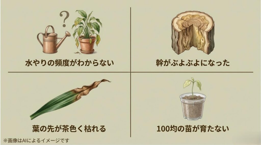 水やりの悩み、幹の腐敗、葉先の枯れ、100均苗の停滞など、ユッカ栽培でよくあるトラブルのチェックリスト