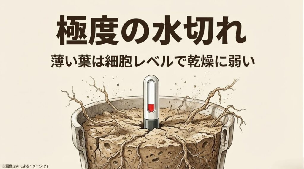水切れでひび割れた土と、乾燥によってダメージを受けた根や細胞のイメージ