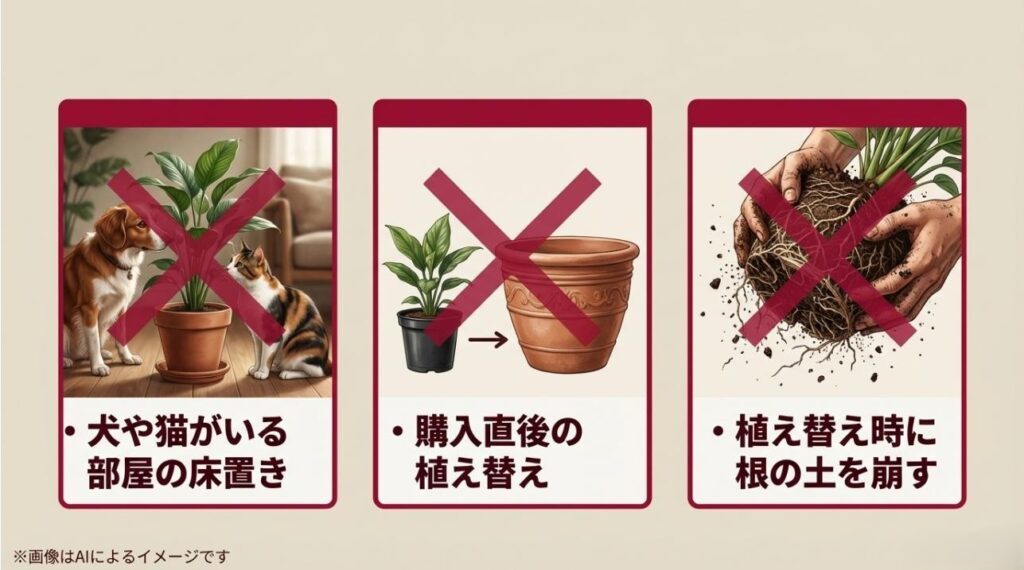 ペットがいる部屋の床置き禁止、購入直後の植え替え禁止、根の土を崩すことの禁止を伝える警告スライド