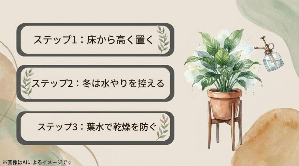 床からの高さを保つ、冬の水やりを控える、葉水で保湿するという3つの重要な育て方のコツをまとめたスライド