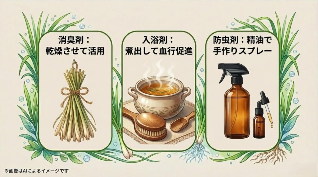 乾燥させて消臭剤に、煮出して入浴剤に、精油で防虫スプレーにする活用法をまとめた画像