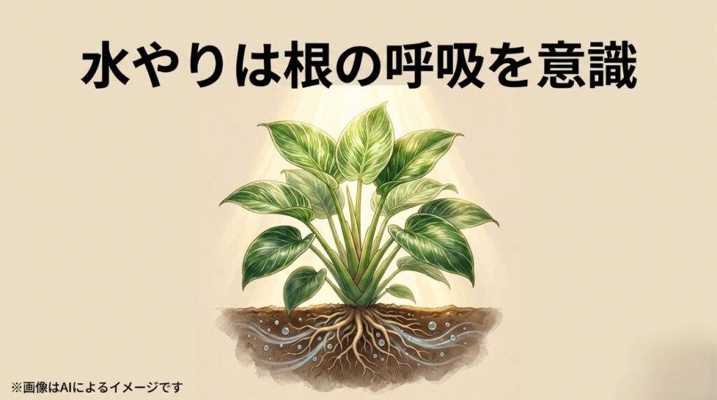 鉢植えの断面図で、根が水と空気をバランスよく吸収している様子を表現したイラスト